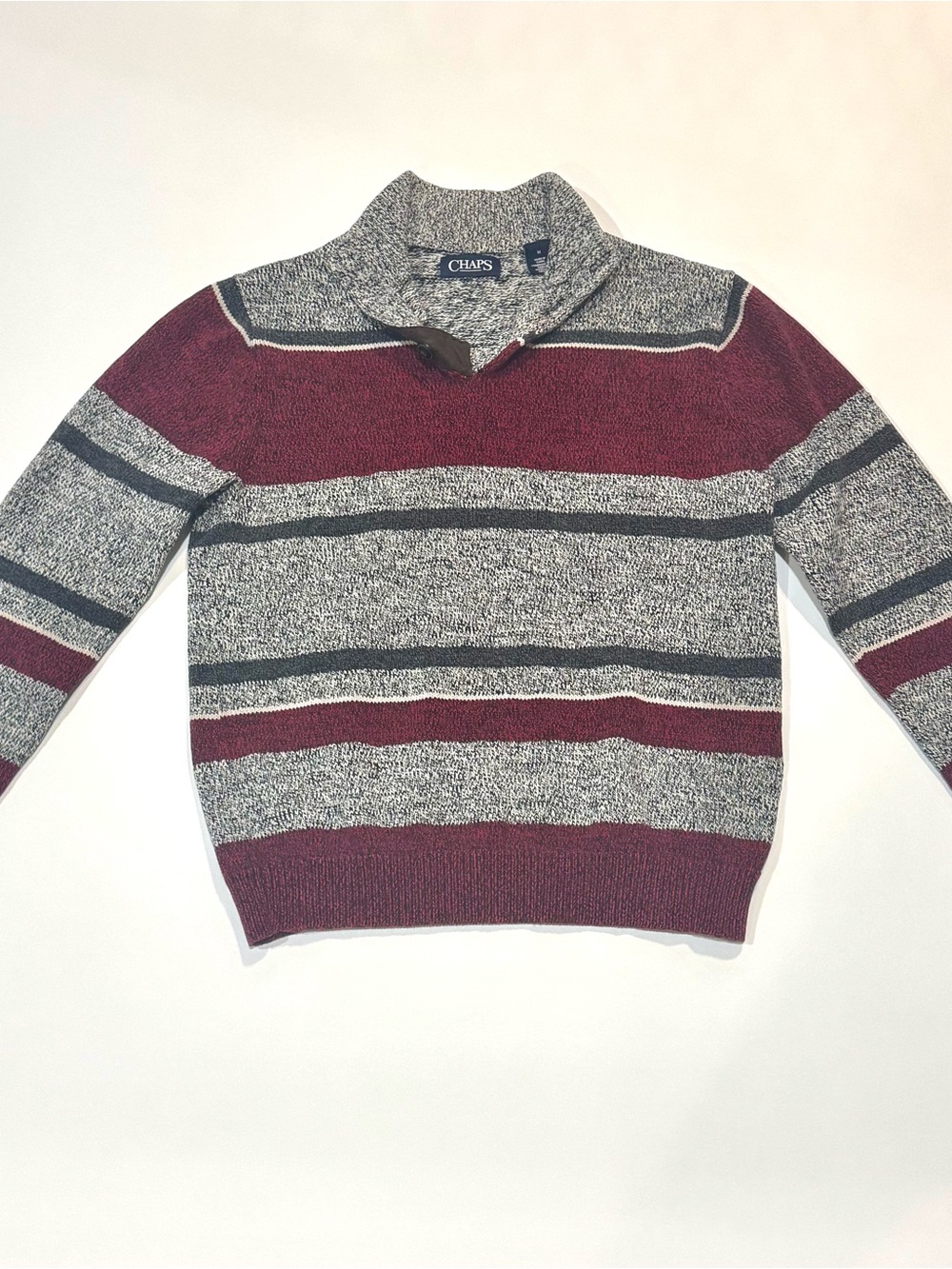 CHAPS Burgundy Gray Striped Shawl‎ Collar Cotton Sweater Men’s M